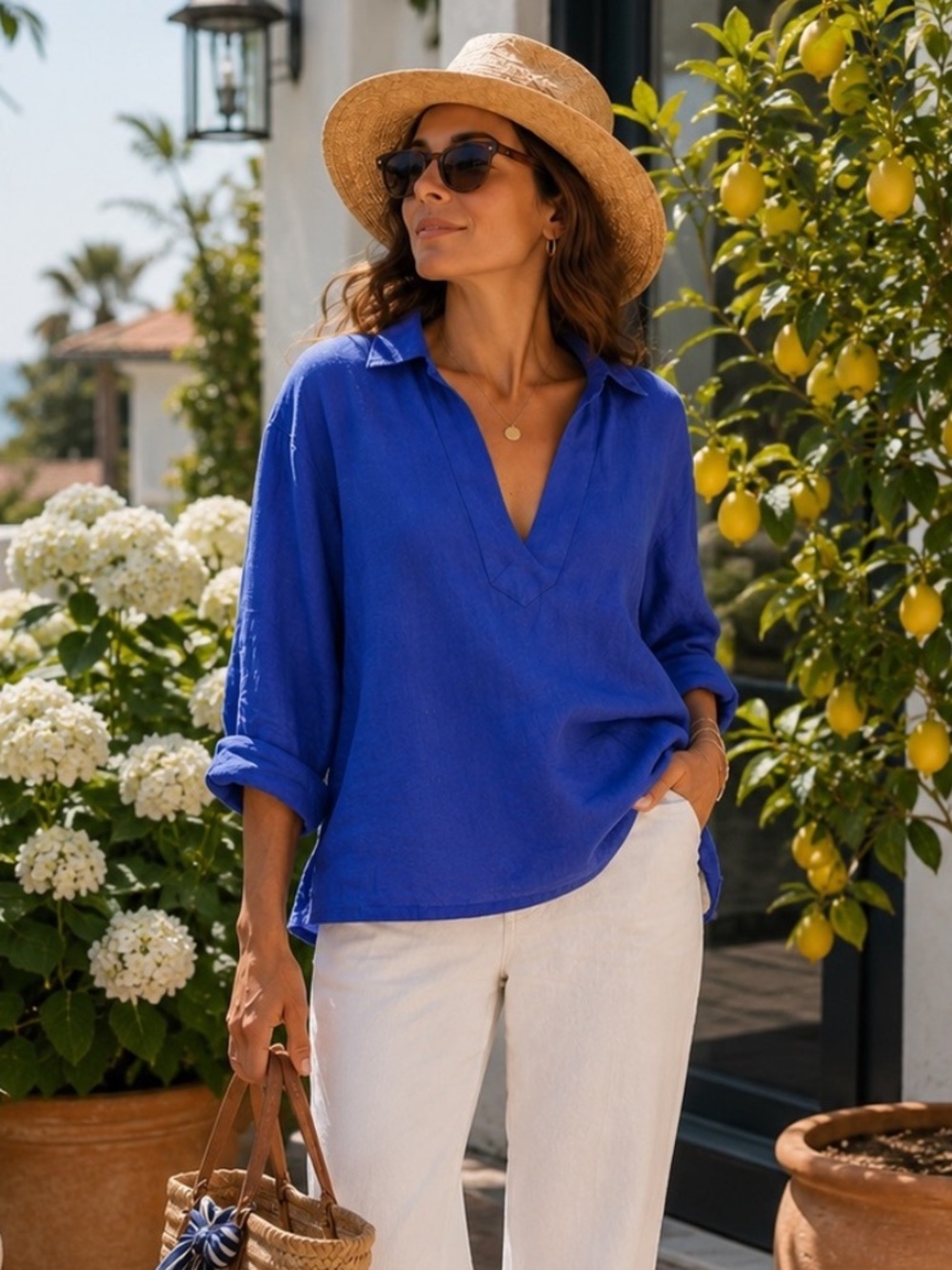 Cobalt Blue 100% Linen Popover Shirt Resort Coastal Chic